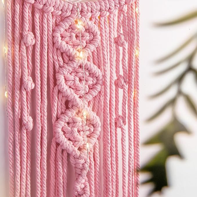 ANORYE Boho Macrame Woven Wall Hanging for Girl, Crochet Crescent Moon Star Dream Catcher with Light, Pink Cotton Handmade Bohemian Home Decor Decoration for Kids Nursery Bedroom Dorm Room