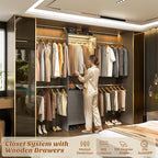 Aheaplus Closet System with Motion-Sensing Light, 3 Wooden Drawers and 4 Hanging Rods, Customizable Walk-in Closet Organizer with 3CCT LED, Heavy Duty Garment Rack for Bedroom,Grey