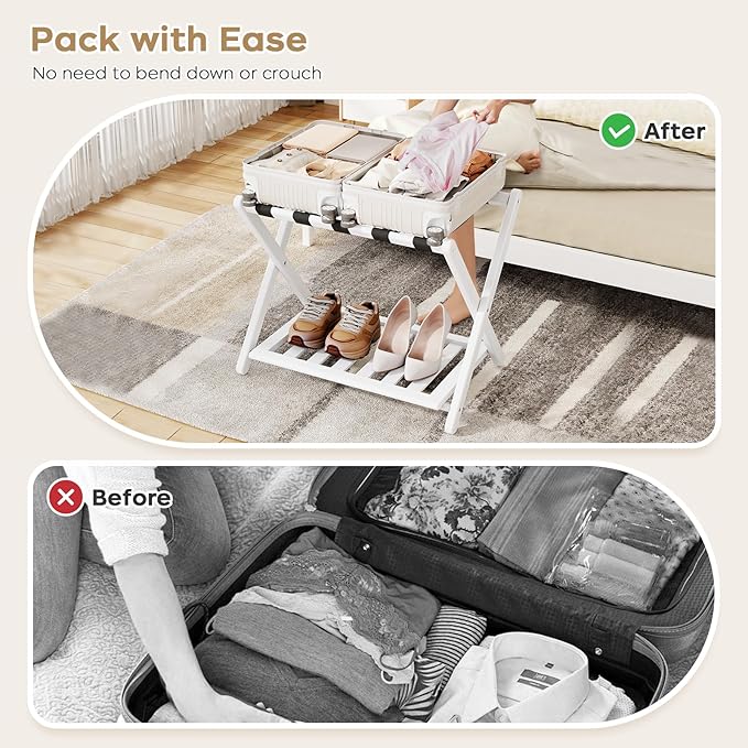 Luggage Rack for Guest Room - 1 Pack 26.77" L Full Assembled Luggage Rack Stand for Suitcases, Foldable Luggage Holder with Shoe Shelf for Bedroom, Hotel (White Bamboo Suitcase Stand)