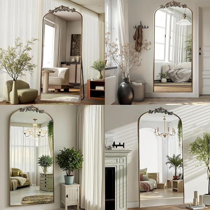 Dewfig Arched Full Length Mirror, 71"x32" Full Body Mirrors with Carved, Floor Mirror for HomeDecor, Standing/Halling Large Wall Mirror for Bedroom, Living Room, Cloakroom, Bronze, Retro Style