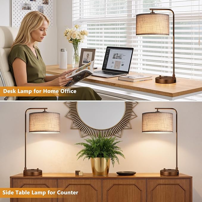 Innqoo Bedside Table Lamps for Bedroom Set of 2-Dimmable Nightstand Lamps with USB Port and Outlet,Modern Brown Lamps with Linen Shade,Tall Desk Lamps for Home Office Bedroom Living Room End Table