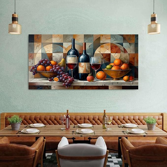 Geometric Kitchen Wall Art Abstract Wine Canvas Prints Red Wine Glass and Fruit Pictures Rustic Farmhouse Still Life Painting Wine Bar Decor for Dining Room Restaurant Home Decorations 29.53x57.87"