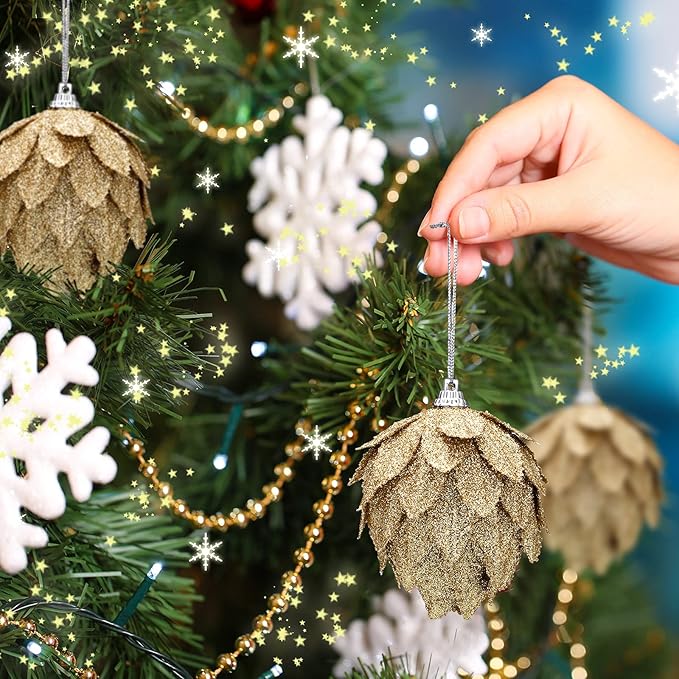 Jetec 8 Pieces Christmas Ornaments Glitter Christmas Tree Hanging Decoration Decorative Artificial Pine Cones Flowers Hanging Ornaments for Winter Wreath Holiday Decor(Gold)