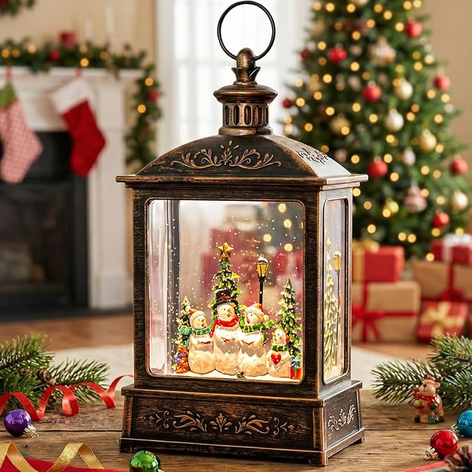 Christmas Snow Globe Swirling Glittering Snowman Choir with Music & Timer, USB Lined/Battery Operated Lighted Water Lantern for Christmas Festival Decoration Gifts