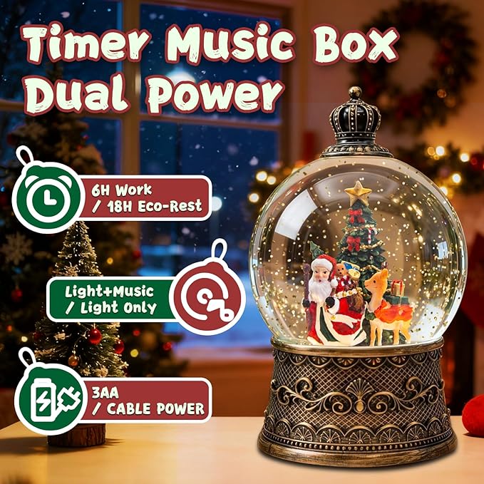 Christmas Snow Globes Lantern, Santa Claus and Reindeer Christmas Decorations Indoor, 6H Timer Battery & USB Powered Light Up Musical Snow Globes for Kids Women Adults Gift Thanksgiving Home Decor