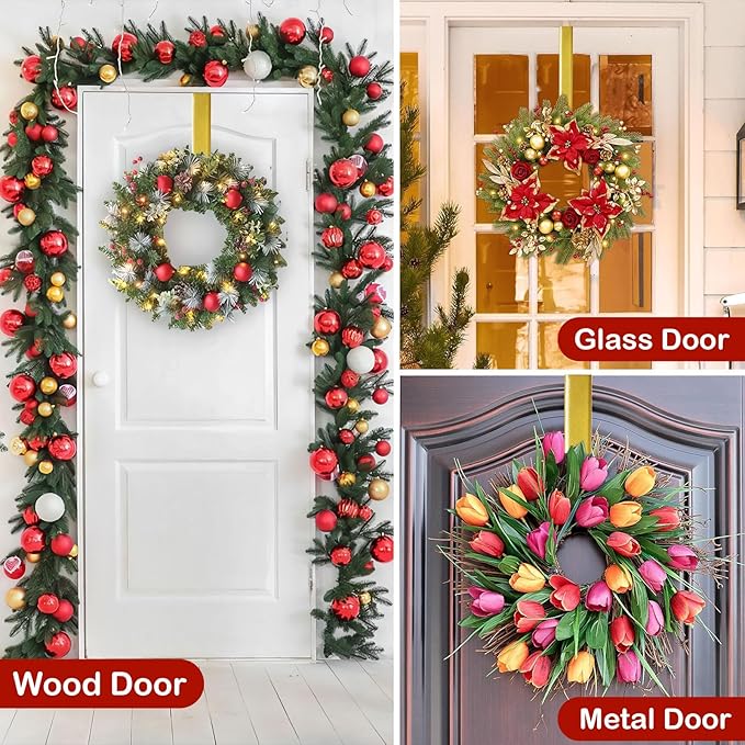 Gold Wreath Hanger, Christmas Decorations Adjustable Wreath Hangers for Front Door Adjustable from 14.9-25 Inches Over The Door Hooks Organizer Larger Hangers Festival Wreaths, Decorations Hook