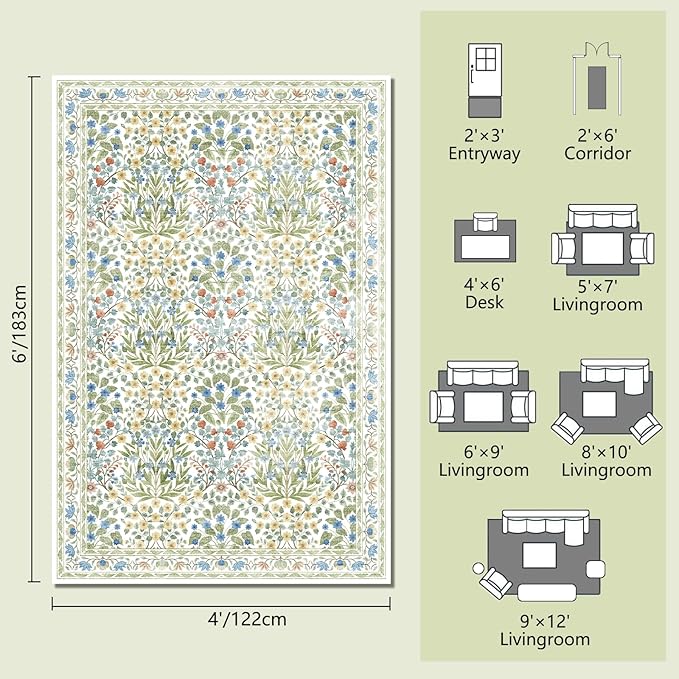 4x6 Feet Area Rug for Living Room Bedroom, Washable Non-Slip Large Rug, Ultra Soft Stain Resistant, Beige Green Distressed Floral Design
