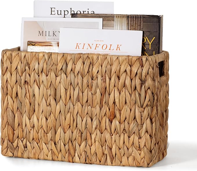 BROWNLILY Hand-Woven Magazine Holder, Natural Water Hyacinth Magazine Wicker Basket, Magazine Storage Floor Rustic Home Decor for Living Room, Bedroom