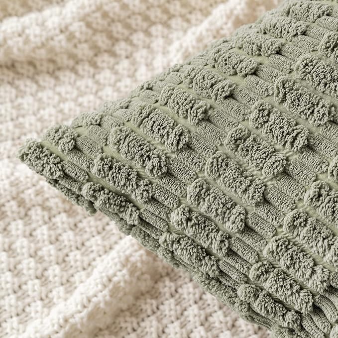 MIULEE Pack of 2 Corduroy Decorative Lumbar Throw Pillow Covers 20x12 Inch Soft Boho Striped Pillow Covers Modern Farmhouse Home Decor for Summer Sofa Living Room Couch Bed Light Olive Green