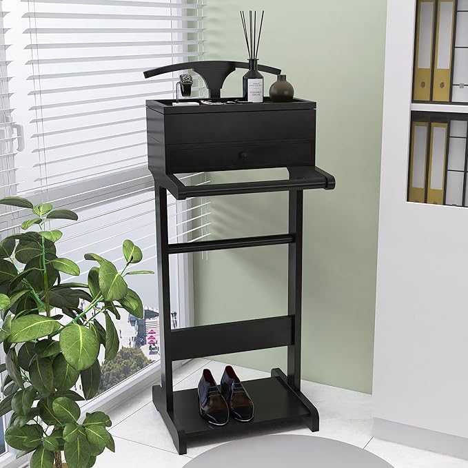 Mens Valet Stand with Drawer, Tray, Shoe Shelf and Suit Rack, Wooden Clothing Rack for Men Women, Clothes Valet Stand for Bedroom Entryway