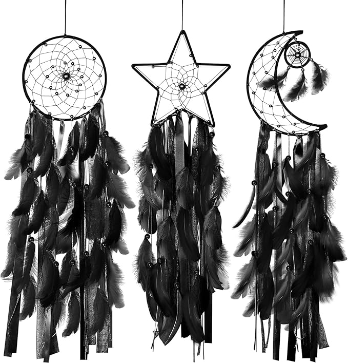 Jetec 3 Pcs Dream Catcher Moon Sun Star Design Handmade Traditional Design Craft Ornament Wall Art Hanging Home Decoration Bedroom Wedding(Black)