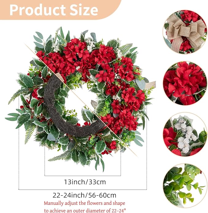 NUPTIO Geranium Wreath for Front Door: 24 Inch Summer Red Patriotic 4th of July Wreaths with Greenery Bow Hanger - Outdoor Realistic Artificial Silk Flower Spring Decor for Wall Window Porch Farmhouse