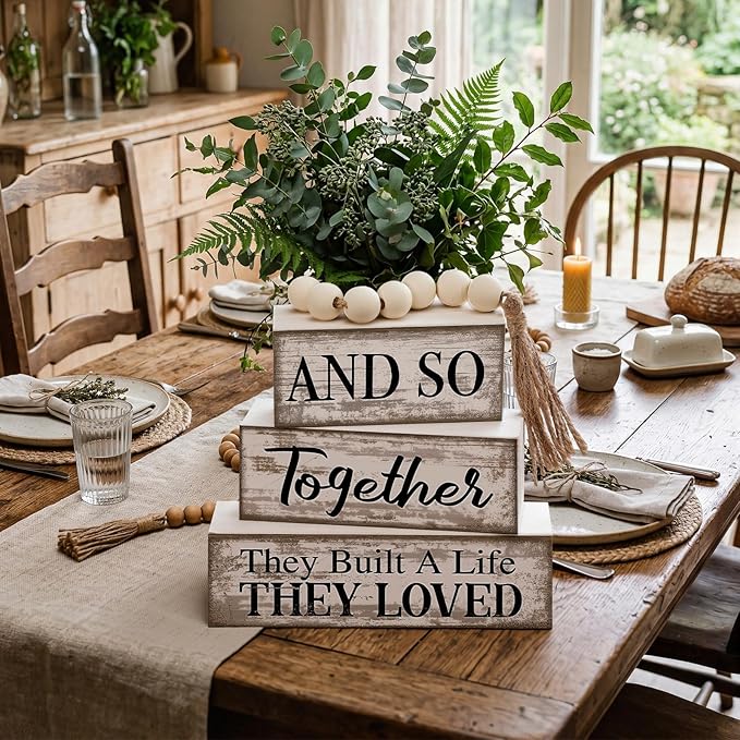 4 Pcs Farmhouse Home Decoration Wooden Tabletop and So Together They Built a Life They Loved Decor Motivational Tiered Tray Decor Rustic Block Sign Retro Bead Garland Table Centerpiece for Shelf Desk
