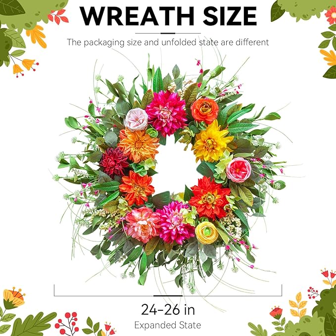 Spring Wreaths for Front Door Outside,24 Inch Summer Wreath with Peony Dahlia Rose and Greenery,Outdoor Wreath for Farmhouse Wall Porch Home Decor