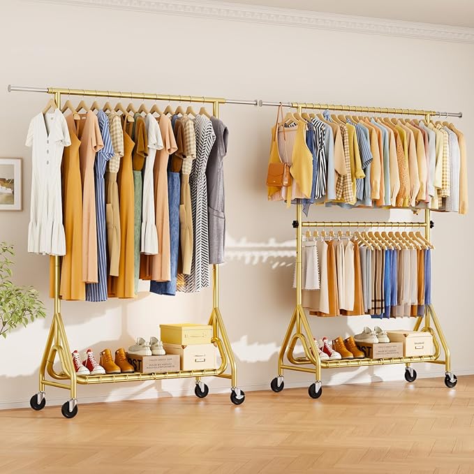 Heavy Duty Clothes Rack for Hanging Clothes, Double Rods Clothing Rack with Lockable Wheels, Rolling Garment Racks with Shelf, Easy to Assemble, Gold