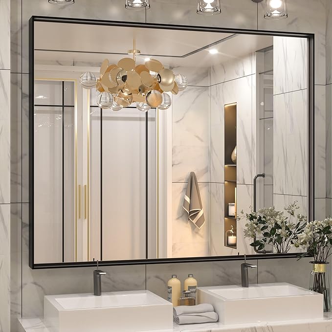 Keonjinn Large Black Bathroom Mirror 48 x 40 Inch, Bathroom Vanity Mirror for Wall, Oversized Metal Framed Mirrors for Over Sink, Rectangle Square Corner Framed Farmhouse Mirrors(Horizontal/Vertical)