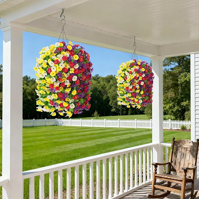 Artificial Fake Hanging Flowers Basket for Spring Decor, Faux Silk Flower in Planter for Summer, Outdoor Artificial Floral for Home Porch Yard(Yellow White Purple Red)
