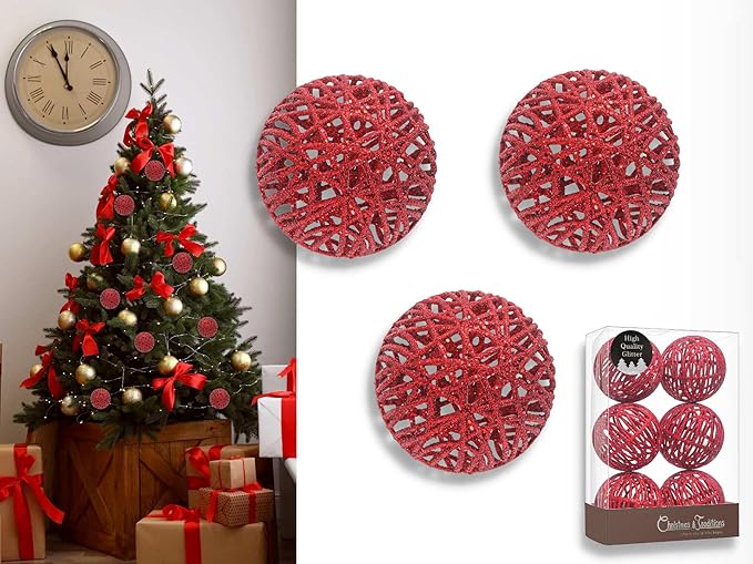 Christmas Traditions 4 inch Christmas Red Glittered Rattan Christmas Ball Ornaments Hanging Tree Decorations (Set of 6)(Christmas Red)