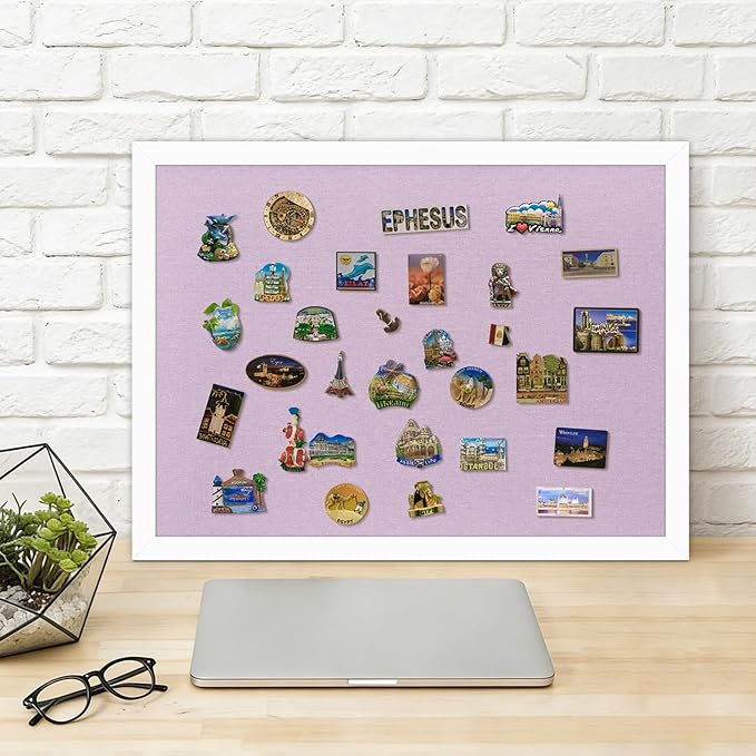 DOLLAR BOSS Bulletin Board with Linen Double-Sided 24" x 18" Linen Cork Boards for Walls Picture Display Vision Board for Office Home School Framed Picture Pin Board, 20 Pushpins 10 Clips, Purple