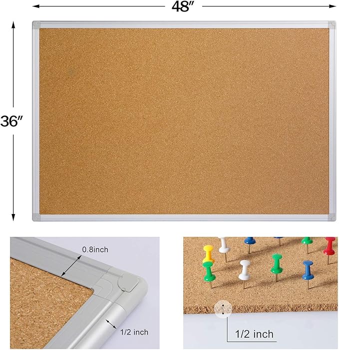 Bulletin Board 36 x 48, Silver Aluminium Framed 4x3 Large Wall Mounted Cork Office Notice Pin Board