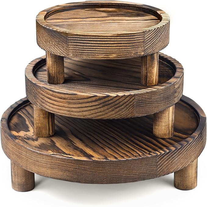 3PCS Wooden Display Risers for Display,Wood Riser Display Pedestal Stand for Home Décor (Rustic Brown,8,6,5'')