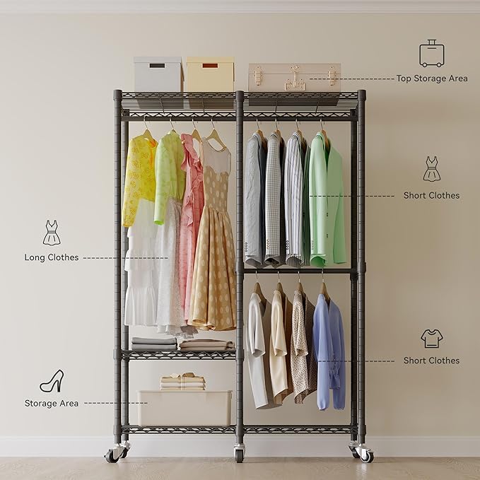 H9 Garment Rack with Cover, Heavy Duty Clothing Rack for Hanging Clothes, Portable Closet with wheels, Wardrobe Closet with Adjustable Shelves, Black Rack Shelf with Black Fabric Cover
