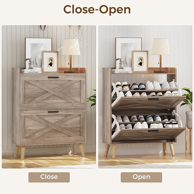 32" W Farmhouse Shoe Storage Cabinet with 2 Flip Drawers and Barn Door Design, Adjustable Shelves, Modern Hidden Slim Narrow Shoe Rack Cabinet for Entryway, Foyer, Hallway, Living Room, Greige