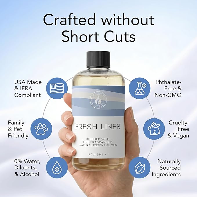AROMA COUNTRY Fresh Linen Diffuser Oil - Luxury Essential Oils for Diffuser Refill & Air Freshener Room Spray, Long-Lasting, Natural Home Fragrance & Hotel Scent for Diffusers & Machines (8.5 Fl oz.)