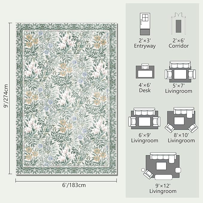 Botanical Floral Area Rug 6x9 Light Green Cream Vintage Garden Design, Perfect for Living Room, Bedroom, Kids Room, Nursery - Stain & Water Resistant Non-Slip, Pet & Child Friendly Area Rugs