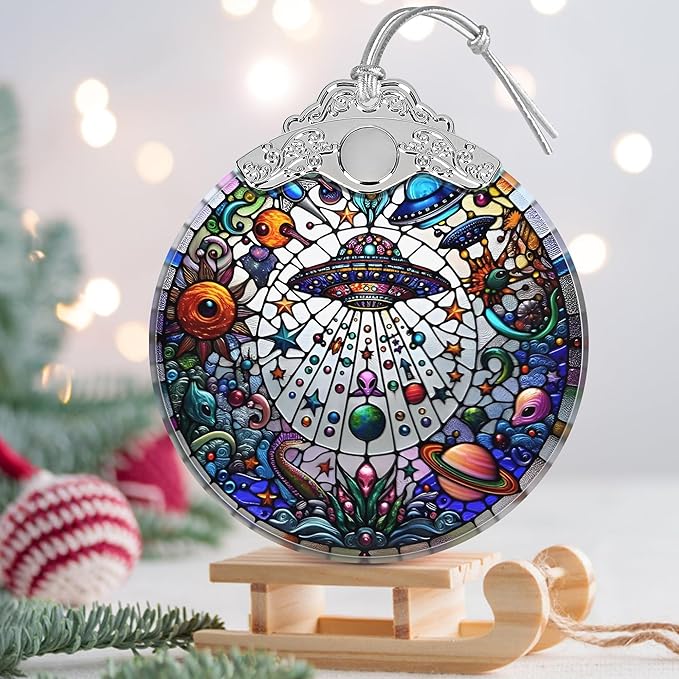 Stained Glass UFO and Alien Christmas Ornament - Holiday Home Decor - Tree Decoration - Gift Exchange Idea
