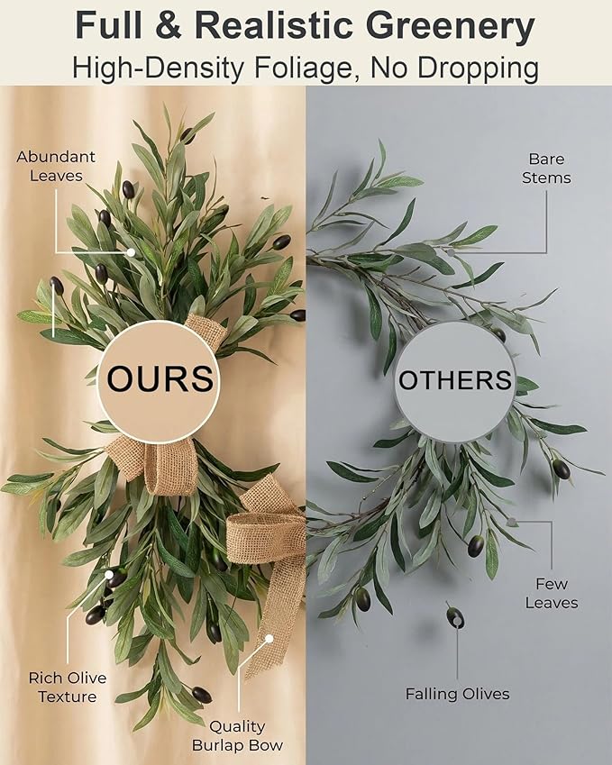 24" Handmade Artificial Olive Swag (2PC), Realistic Greenery Swag with Natural Burlap Bow, Easy to Hang Symmetrical Olive Branch Wreath for Front Door, Wedding Arch, Mantle & Farmhouse