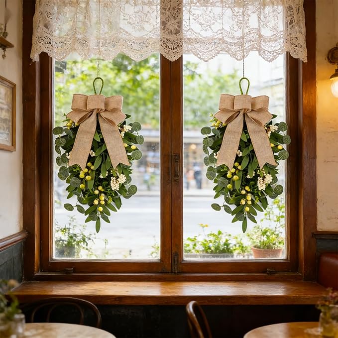 2 PCS 22" Artificial Green Eucalyptus Teardrop Swag for Front Door Greenery Swag Spring Summer Olive Kitchen Cabinet Wreath with White Berry for Farmhouse Home Porch Wall Window Festival Wedding Decor