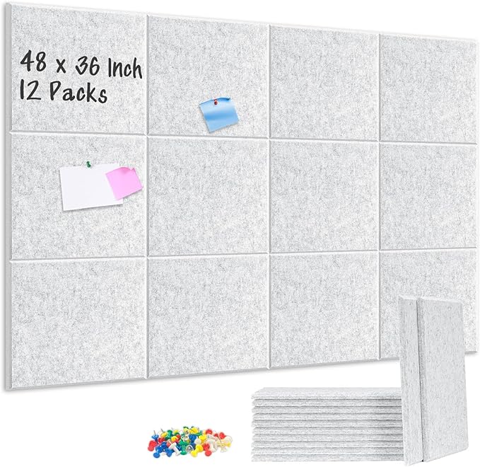 DOLLAR BOSS Large Cork Board for Wall 48" x 36" x 0.5" Bulletin Board 12 Packs Corkboard Tiles Self Adhesive Felt Wall Tiles for Office Home School, Light Grey