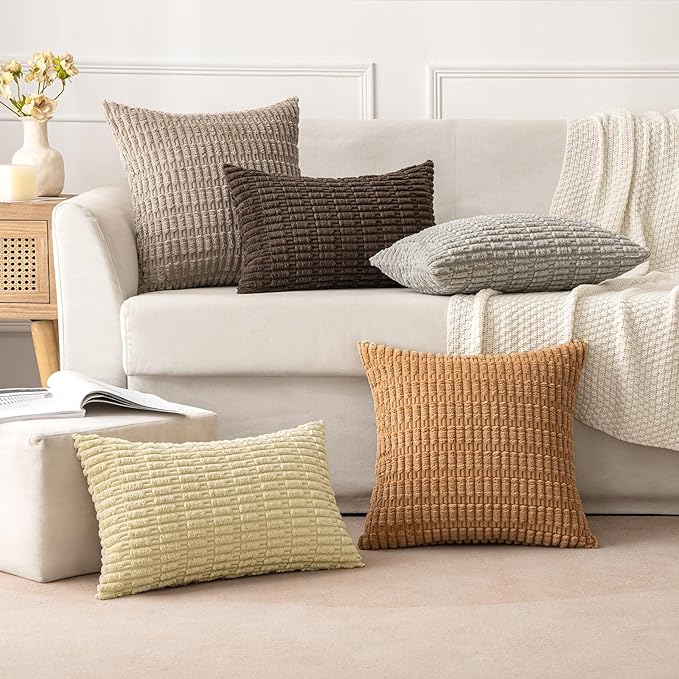MIULEE Pack of 2 Corduroy Decorative Throw Pillow Covers 18x18 Inch Soft Boho Striped Pillow Covers Modern Farmhouse Home Decor for Sofa Living Room Couch Bed Brown