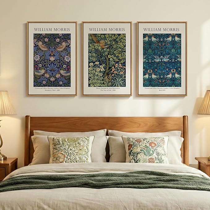 Large Framed Vintage William Morris Wall Art for Living Room, 3 Pieces Strawberry Thief Canvas Artwork for Walls, Retro Classic Floral Illustrations Paintings Pictures for Bedroom, Dining Room, Hallway, Office Wall Decor, Total Size 30x60 in