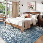 Dahlia Blue Washable Area Rugs 8x10, Low Pile Floral Bedroom Rug 8x10 Under Bed, Boho Soft Large Rug for Living Room, Non Slip Floor Carpet for Dining Room Office,Blue