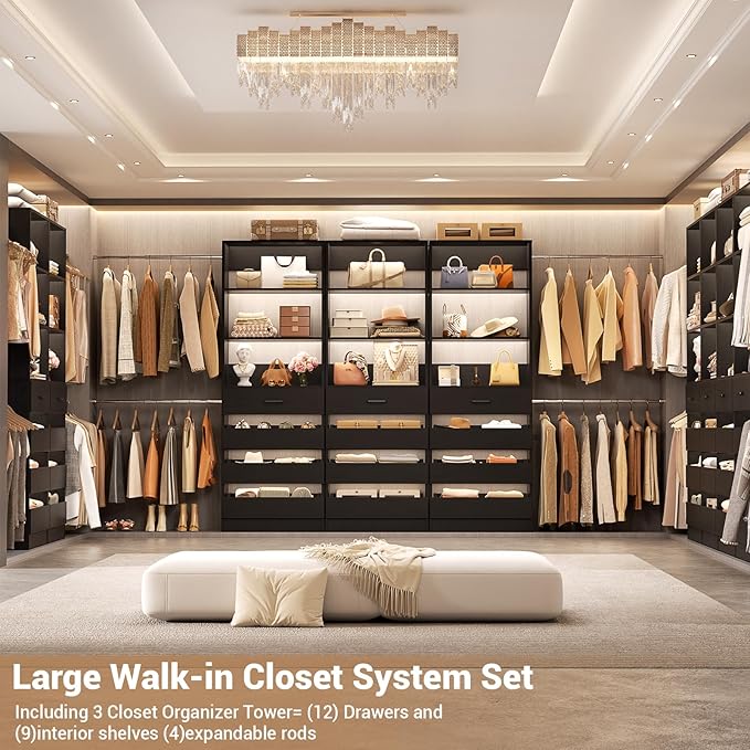 Aheaplus Closet System with 12 Drawers, 8.5-11.5Ft Wood Closet Organizer System with 4 Hanging Rods & 3 Towers, 4Ft & 6Ft L-Shaped Walk-in Closets Wardrobe Organizer Clothes Rack, Set of 3, Black1