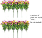 Artificial Fake Mums Flowers for Outdoor Spring Summer Decor, 12 Bundles Faux Silk Plants Daisy for Planter Pot Colorful UV Resistant Look Real for Front Door Porch Patio Outside Yard(Purple Yellow)
