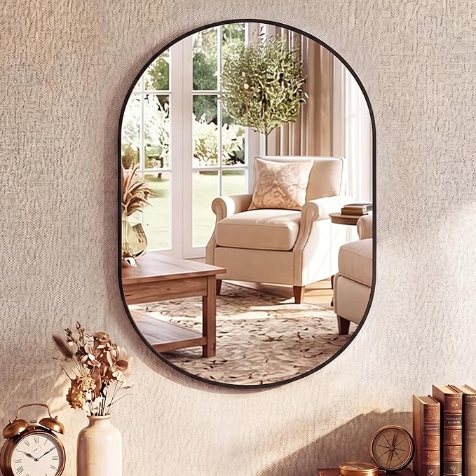 Sweetcrispy 20" x 30" Black Bathroom Mirror for Wall, Oval Wall Mirrors with Metal Frame, Tempered Glass, Modern Vanity Mirror for Over Sink, Living Room, Bedroom, Entryway, Horizontal or Vertical