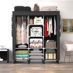 Portable Wardrobe with 10 Storage Racks and 2 Hanging Poles 6 Side Pockets Fleece Cover, Size 130 x 45 x 172 cm, Bedroom Closet Organizer Black