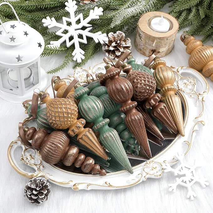 Yunlly 18 Pcs Neutral Christmas Ornaments Textured Christmas Tree Decor with Hanging Loop Matte Shatterproof Hanging Finial Ornaments Home Decor for Xmas Vintage Rustic Farmhouse (Nostalgic Color)