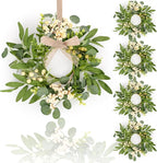 4 Pcs Green Eucalyptus Swag Wreaths for Pillars Spring Summer Kitchen Cabinet Wreaths Mini Green Berry Leaves Wreath with Ribbon for Front Door Porch Wall Window Farmhouse Decoration