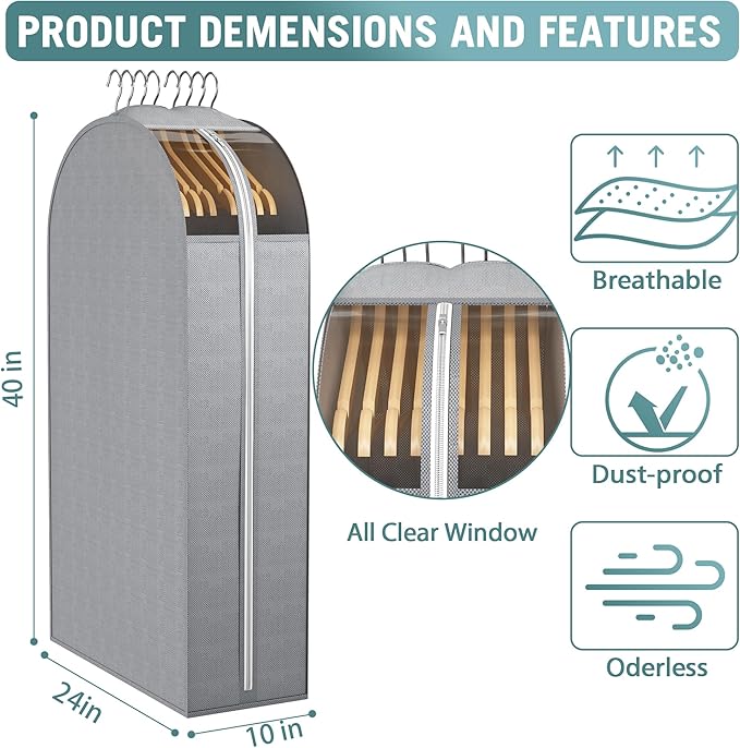 10" Gusseted Garment Bags for Hanging Clothes with Clear Window, 40" Suit Bags for Open Closet Storage, Clothing Cover for Coat, Dress, Jacket, Shirt, Fur Wardrobe Protector, 3 Packs