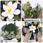 Waipfaru Magnolia Wreaths for Front Door, 22 Inch Spring Summer Wreath with Eucalyptus & Blue Grey Burlap Bow, Year Round Wreaths for Porch Farmhouse Patio Door Decor All Season (2 Pcs)