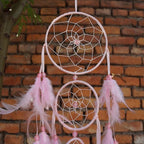 Triple Circles Silk Ribbon Pink Dream Catcher for Girls - Wall Decor for Bedroom, Girl's Room Hanging Decor, Boho Wall Art for Girls Bedroom