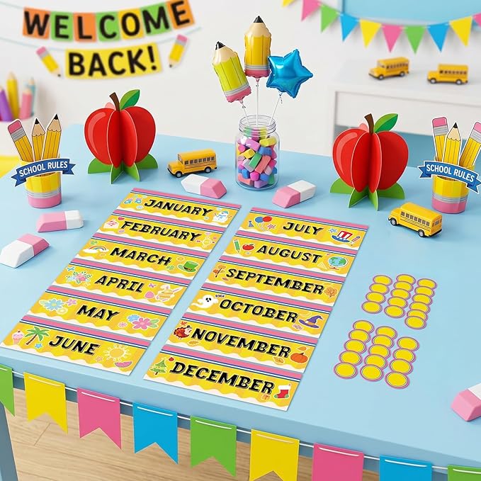 Zonon 48 Pcs Months of the Year Bulletin Board Set 12 Monthly Headliners Holiday Seasonal Monthly Bulletin Board Borders with 36 Round Blank Confetti Cutouts for Classroom(Pencil Style)