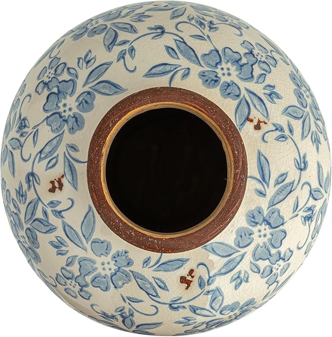 Creative Co-Op DF2720 8" H Terracotta Floral Transferware Pattern & Crackle Finish Vase, Blue