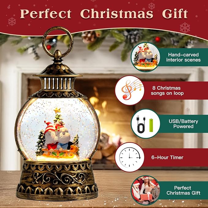 Gnome Christmas Snow Globe, Gnome Musical Snow Globe Lantern Lights with 6H Timer Battery & USB Powered, Retro Style Holiday Glitter Globe for Xmas Home Decoration Holiday Party Gifts