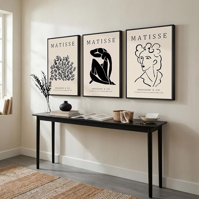 Framed Matisse Canvas Wall Art for Living Room, Set of 3 Abstract Black and White Minimalist Botanical Prints for Walls, Modern Aesthetic Pictures for Bedroom, Dining Room, Hallway and Office, Total Size 30x60