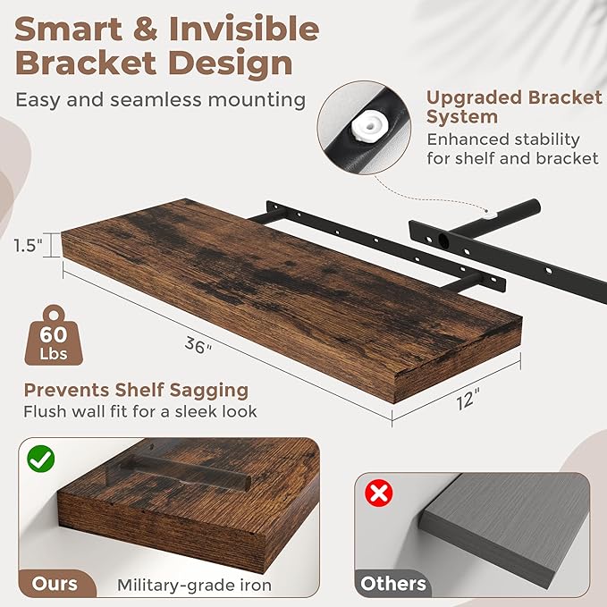 36 Inch Floating Shelves for Wall 2 Pack, 12"D Wood Grain Bathroom Shelves with Invisible Brackets, Easy Install Engineered Wood Storage Shelves for Kitchen, Living Room, Bedroom, Rustic Brown Finish